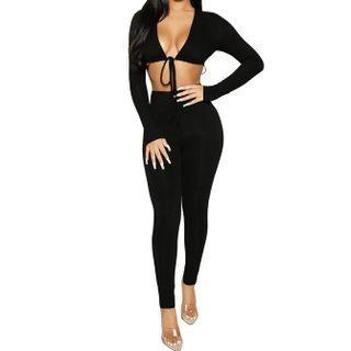 Set: Long-sleeve Tie-front Crop Top + High-waist Skinny Pants