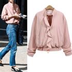 Stand-collar Ruffle Trim Zip Jacket