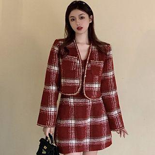 Plaid Open Jacket / Spaghetti Strap Mini Dress