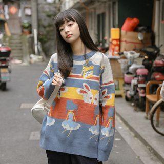 Contrast Color Rabbit Jacquard Sweater