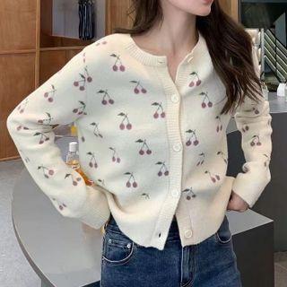 Long-sleeve Round-neck Cherry Pattern Knit Sweater Jacket