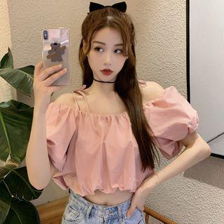 Puff-sleeve Tie-shoulder Plain Cropped Top