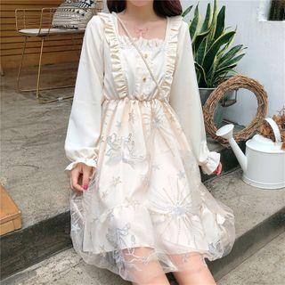 Frilled Trim Long-sleeve A-line Dress Light Almond - One Size