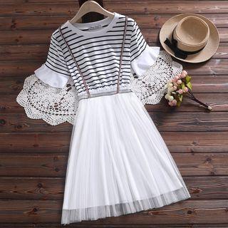 Mock Two-piece Short-sleeve Striped Mesh Dress