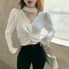 Long-sleeve Cutout Twist-front Mock-neck Crop Top White - One Size