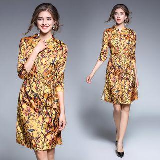 Elbow-sleeve Patterned Shirtdress