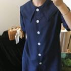 Short-sleeve Plain Dress Navy Blue - One Size