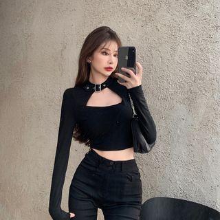 Plain Halter Cutout Cropped Top Black - One Size
