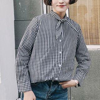 Tie-neck Checked Shirt As Shown In Figure - One Size