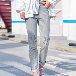 Rabbit Embroidered High-waist Cropped Jeans