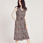 Sleeveless Glen-plaid Wool Blend Long Dress With Belt