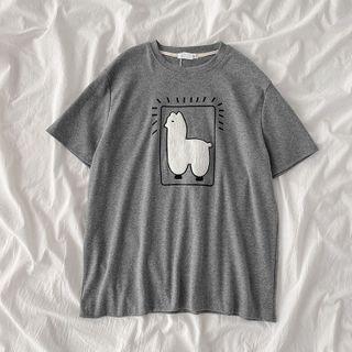 Short-sleeve Fleece Llama Embroidered T-shirt