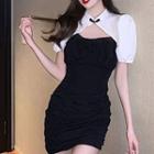 Mock Two-piece Puff-sleeve Cutout Sheath Dress