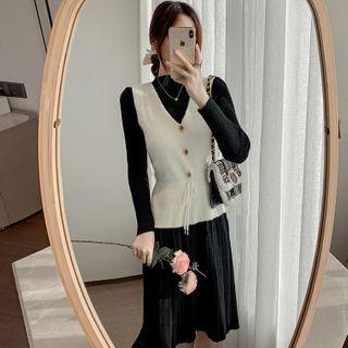 Set: Long-sleeve Knit Midi A-line Dress + Knit Vest