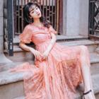 Lace Plain Puff-sleeve Maxi Dress