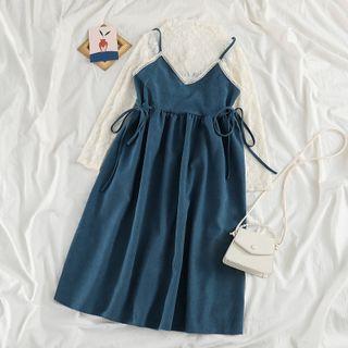 Mock-neck Lace Blouse / Spaghetti Strap Midi Dress