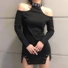 Cold Shoulder Long-sleeve Mini Bodycon Dress Black - One Size