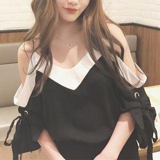 Color Panel Off Shoulder Elbow Sleeve Top