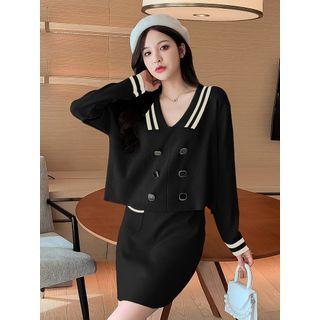 Set: V-neck Knit Top + A-line Skirt