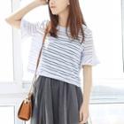 Set: Striped Short-sleeve Top + Mesh Strappy A-line Dress