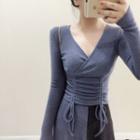 Long Sleeve Drawstring V-neck Top