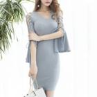 Bell-sleeve Lace-up Knit Sheath Dress