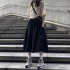 Color-block Short-sleeve Blouse / High-waist Skirt