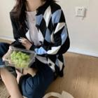 Asymmetrical Argyle Cardigan Argyle - Black & Blue & White - One Size