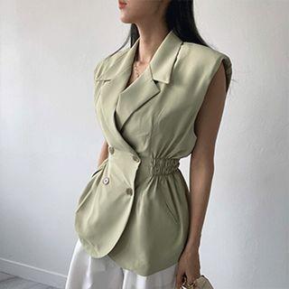 Padded-shoulder Smocked-waist Vest
