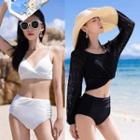 Set: Bikini Top + Bottom + Long-sleeve Lace Cover-up