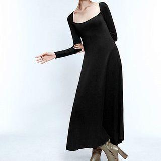 Square-neck Long-sleeve Midi Shift Dress