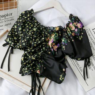 Patchwork Boatneck Drawstring Crop Top