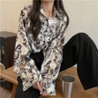 Long-sleeve Floral Shirt Shirt - Flower - Black & White - One Size