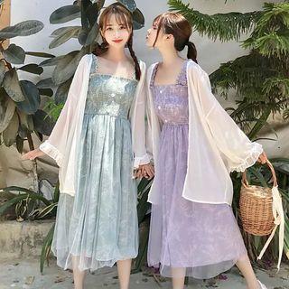 Print Wide-strap Mesh Overlay Chiffon Dress / Chiffon Jacket