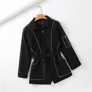 Elbow-sleeve Zip-up Contrast Trim Playsuit