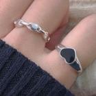 Set: Heart / Chain Open Ring Set Of 2 - Silver & Black Heart - Silver - One Size