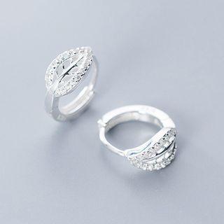 925 Sterling Silver Rhinestone Leaf Hoop Earring 1 Pair - Huggy Earring - One Size