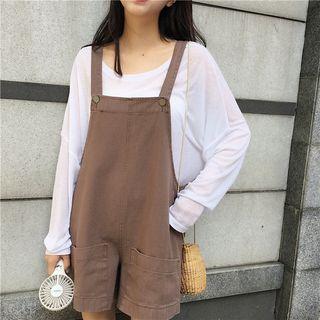 Plain See-through Loose-fit Long-sleeve T-shirt / Plain High-waist Jumper Pants