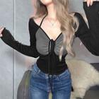 Mock Two-piece Long-sleeve Drawstring Top