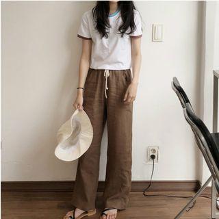 Short-sleeve Contrast Trim T-shirt / Drawstring Waist Straight Cut Pants