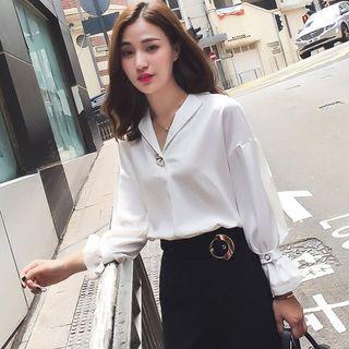 Button Detail V-neck Chiffon Blouse