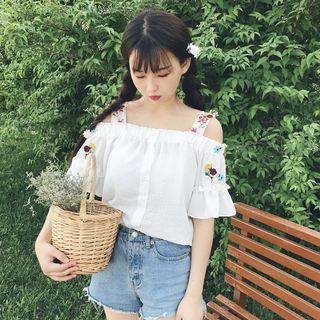 Off-shoulder Flower Embroidered Short-sleeve Top