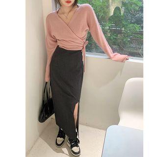 Long-sleeve V-neck Plain Sweater / High-waist Plain Skirt (various Designs)