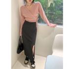 Long-sleeve V-neck Plain Sweater / High-waist Plain Skirt (various Designs)