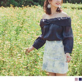 Petal Neckline Shimmer 3/4-sleeve Off-shoulder Top