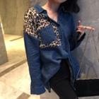 Long-sleeve Leopard Panel Denim Shirt Blue - One Size