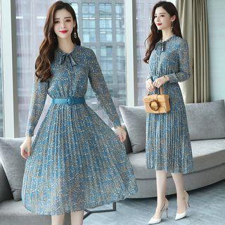 Long-sleeve Midi Floral Pleated Dress