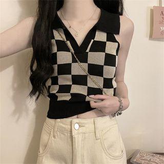 Collar Checkered Knit Crop Tank Top
