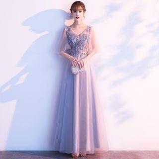 Cap-sleeve Embroidered A-line Mesh Gown