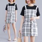 Mock Two-piece Plaid Short-sleeve Mini A-line Dress As Shown In Figure - One Size
